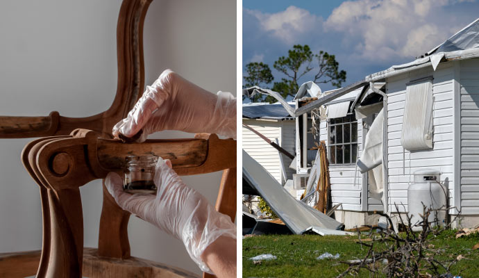 collage of content restoration and a storm damaged house