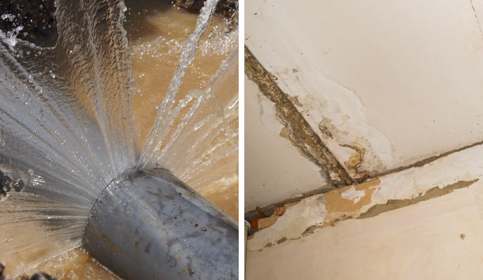 collage of water pipe break and roof leak