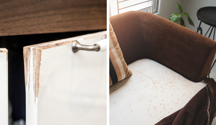 collage of water and mold damaged furniture