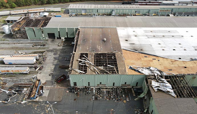 Damaged roof on an industrial building