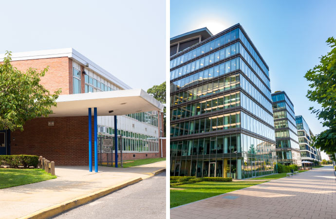 a collage showcasing a school building and a corporate building