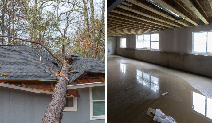 collage of a fallen tree on a house roof and a flooded basement