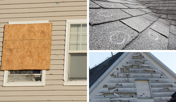 collage of hail damage on windows, roof, and siding