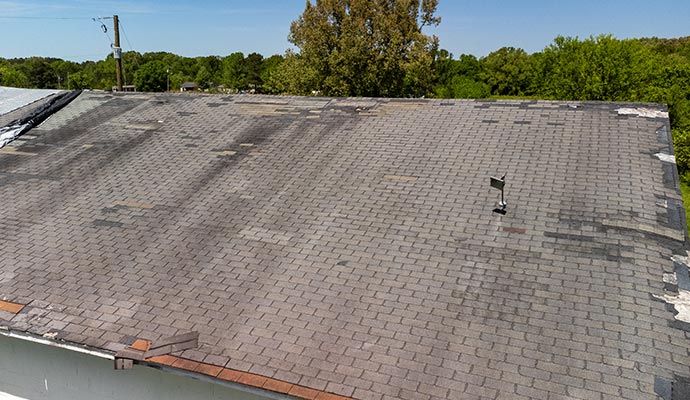 Damaged shingles and black mold on roof