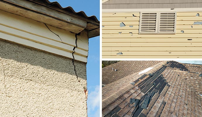 Roof damage alongside wall cracks and peeling paint