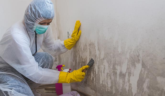 Person removing mold from the wall using a scraper